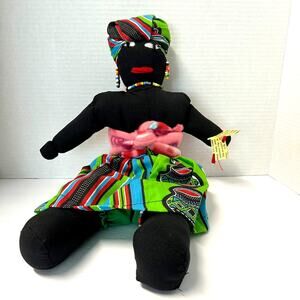 Vintage 2008 Handmade African Mother figure Doll with Baby on Back